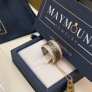 925 Sterling Silver Black & Gold Floral WIDE Band